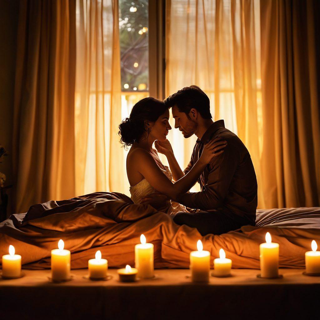 A cozy, intimate setting featuring a couple gently exploring each other's emotions, with soft lighting and romantic details like candles and silk sheets. Show elements of adult media in a tasteful manner, such as artful silhouettes and abstract representations of connection. The scene should evoke warmth and trust, highlighting the importance of communication in love. soft focus. romantic ambiance. warm colors. elegant and tasteful.