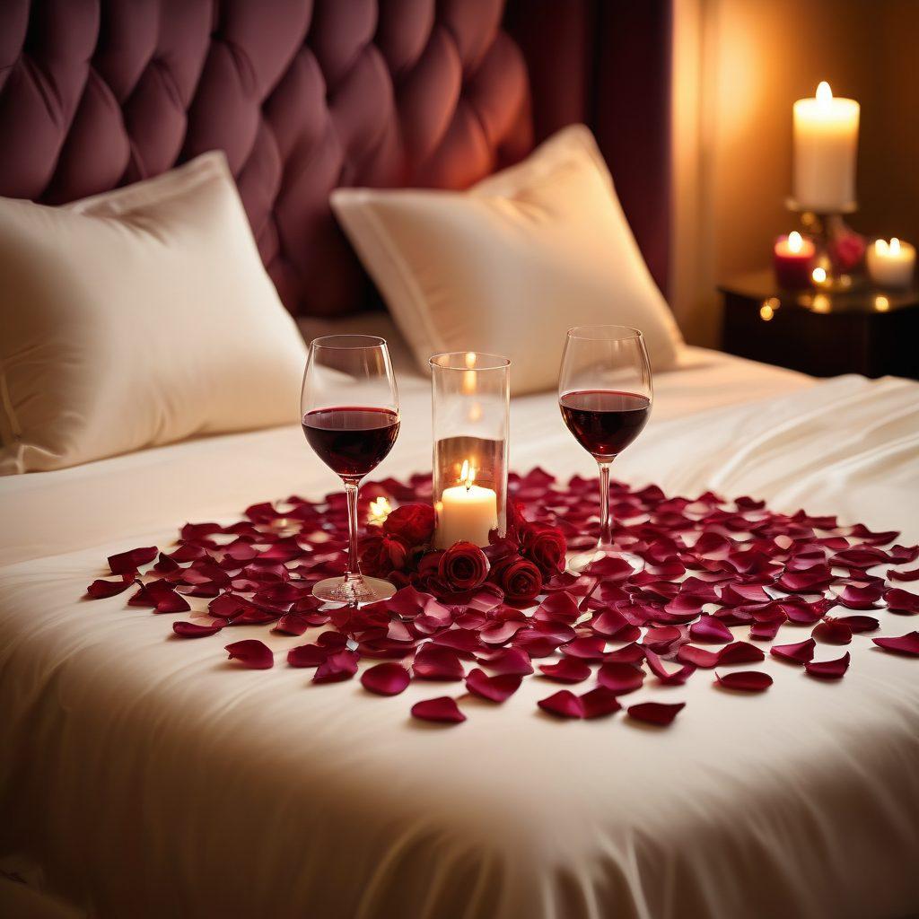 A sophisticated, intimate setting featuring a tastefully arranged bedroom with soft, ambient lighting. Include elements like silk sheets, candles, and rose petals to evoke a sense of sensuality. Showcase two elegant wine glasses and a subtle hint of intertwined hands, symbolizing intimacy and connection. Incorporate a gentle color palette of deep reds and creams for warmth. romantic, soft focus, warm tones.